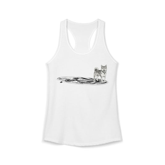 White racerback tank top with Shiba Inu surfboard illustration featuring rising wave and Japanese sun flag design — The Swell Dogs