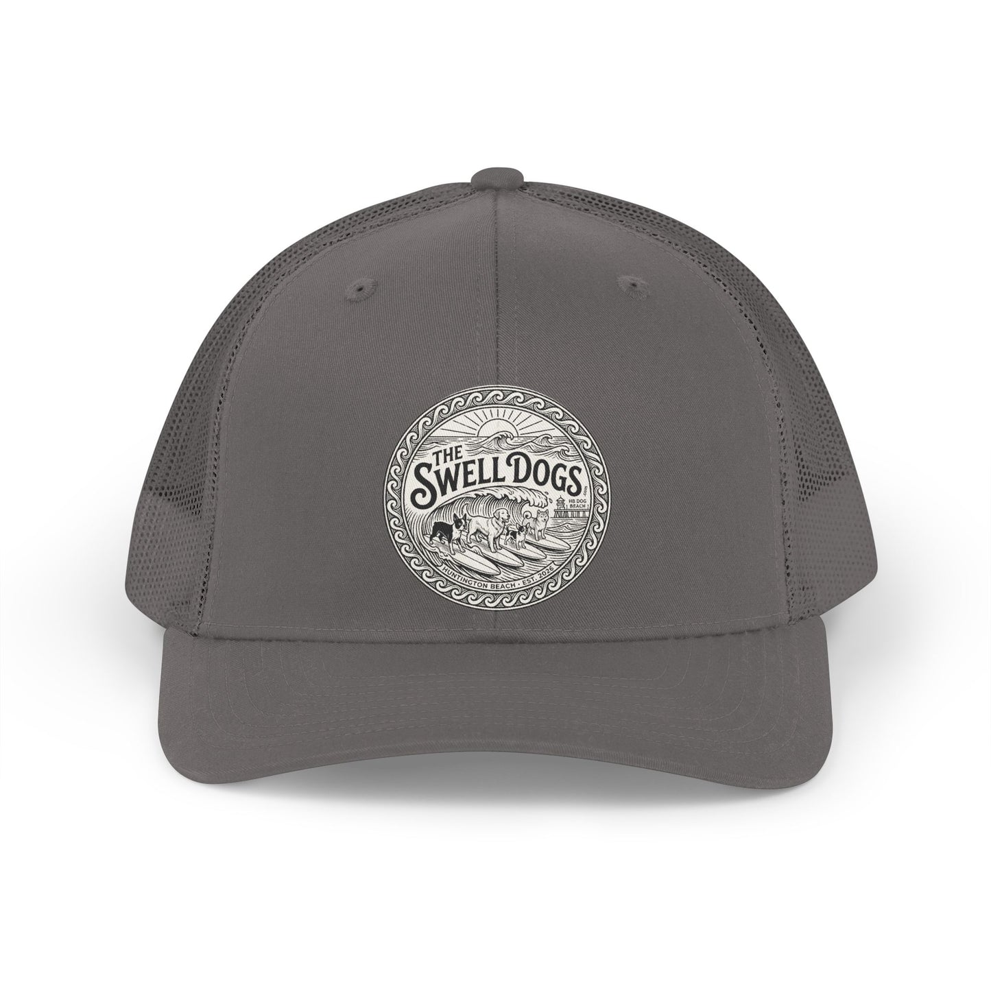 Gray trucker hat with The Swell Dogs logo on the front.