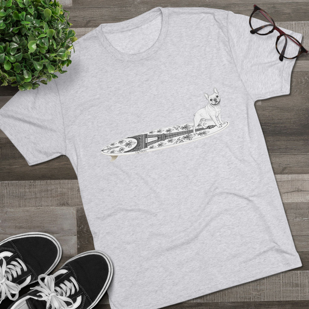 White French Bulldog Eiffel Tower surf tee worn at the beach — dog lover gift for French Bulldog owners