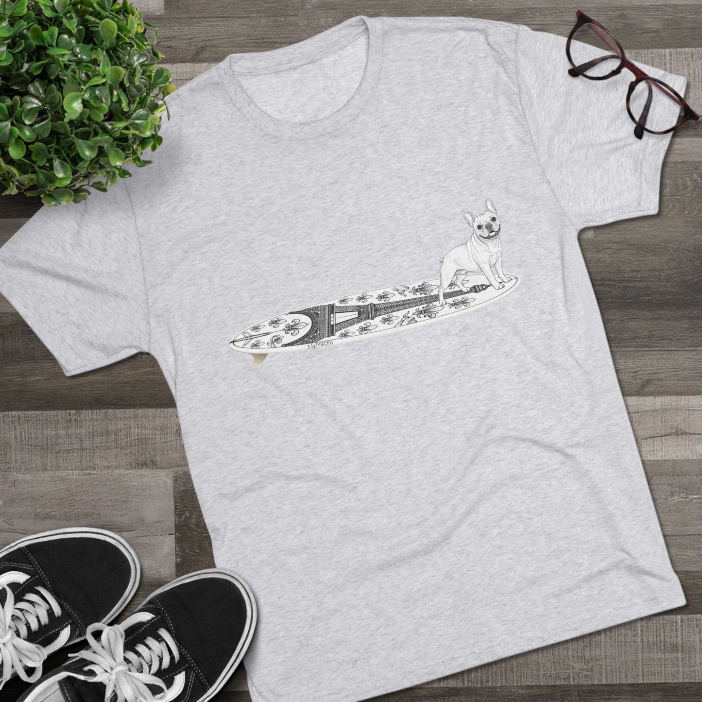 White French Bulldog Eiffel Tower surf tee worn at the beach — dog lover gift for French Bulldog owners