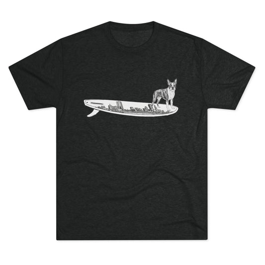 Black tshirt with a Boston Terrier dog hanging twenty on a Boston cityscape surfboard.