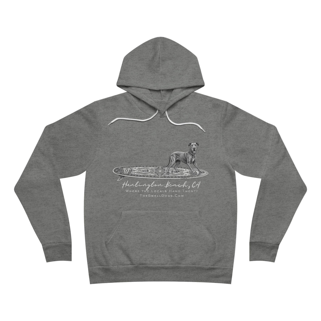 Gray pullover hoodie featuring a Great Dane dog standing on a surfboard with "Huntington Beach, CA" text
