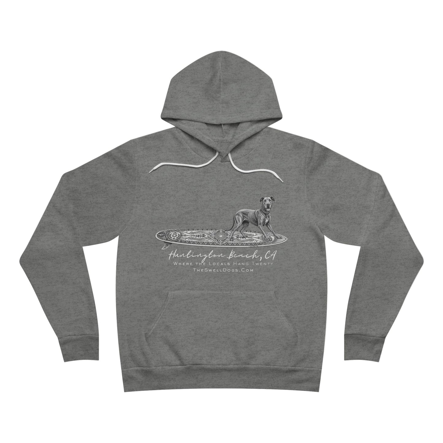 Gray pullover hoodie featuring a Great Dane dog standing on a surfboard with "Huntington Beach, CA" text