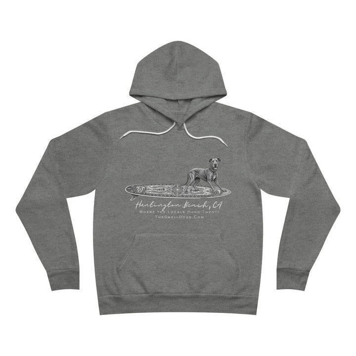 Gray pullover hoodie featuring a Great Dane dog standing on a surfboard with "Huntington Beach, CA" text