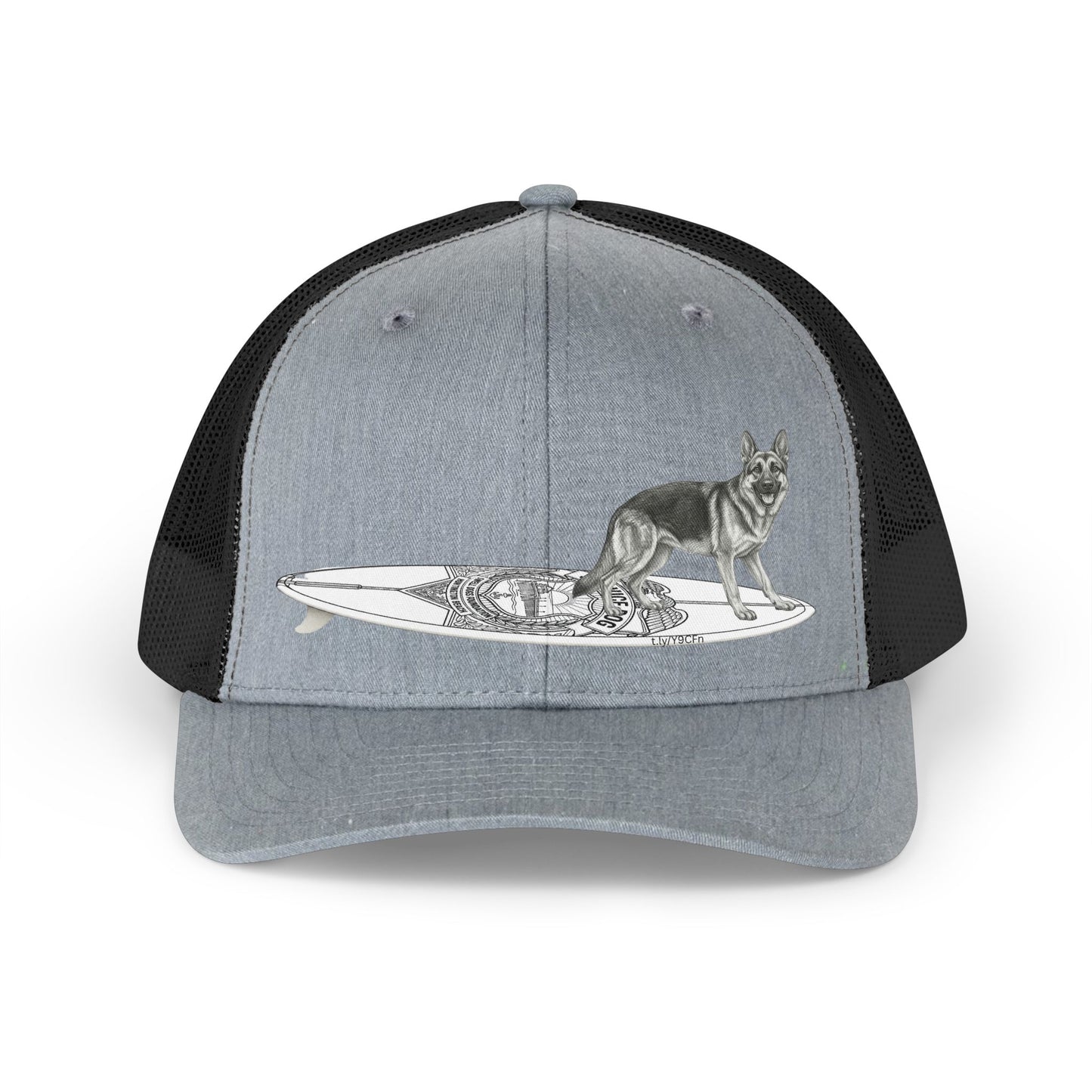 Gray and black trucker hat with a German Shepherd hanging twenty on a Service Dog styl longboard.