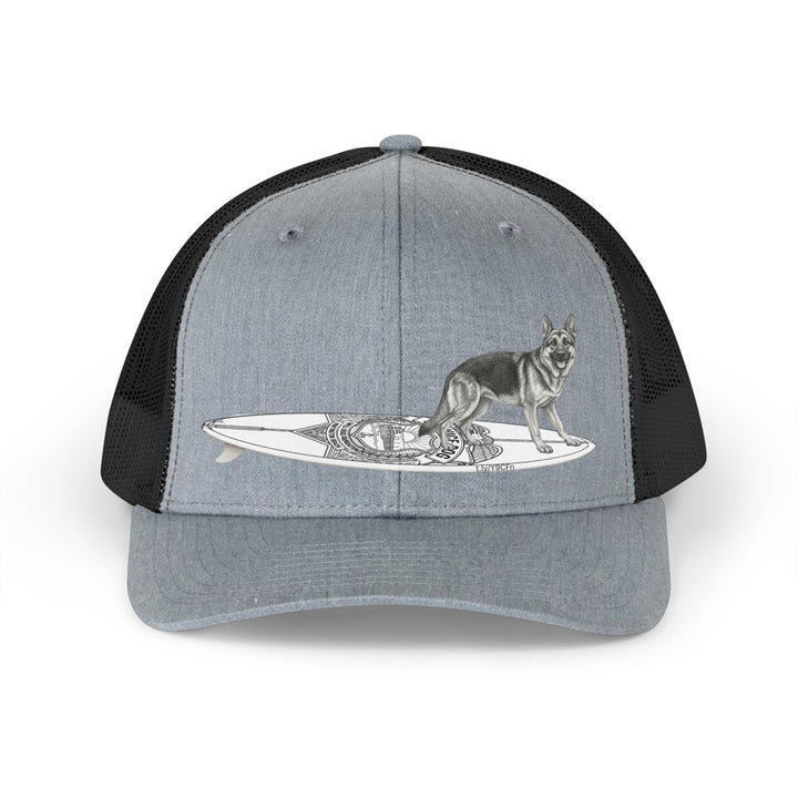 Gray and black trucker hat with a German Shepherd hanging twenty on a Service Dog styl longboard.