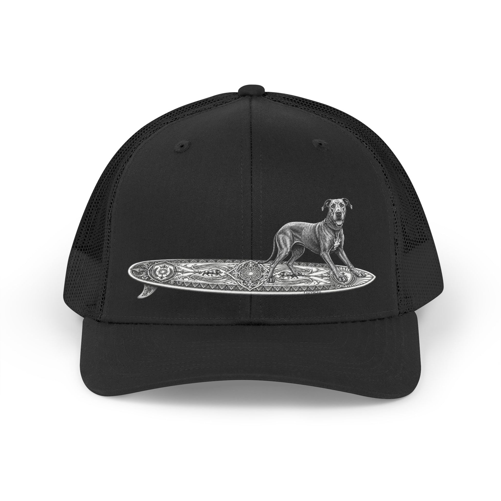 Black  trucker hat with a Great Dane on a longboard with wild boar crests and suns on it.