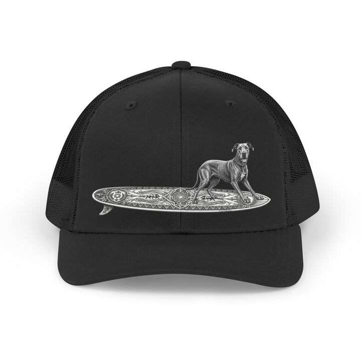 Black  trucker hat with a Great Dane on a longboard with wild boar crests and suns on it.