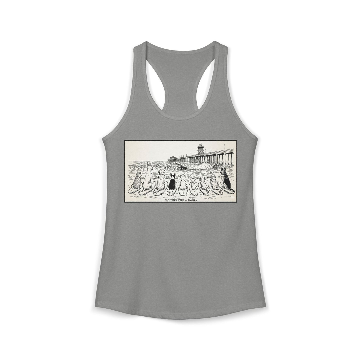 Gray  racerback tank with a pack of dogs on surfboards staring out to sea, with the words Waiting for a Swell' underneaath the dogs and the Huntington Beach pier in the background.