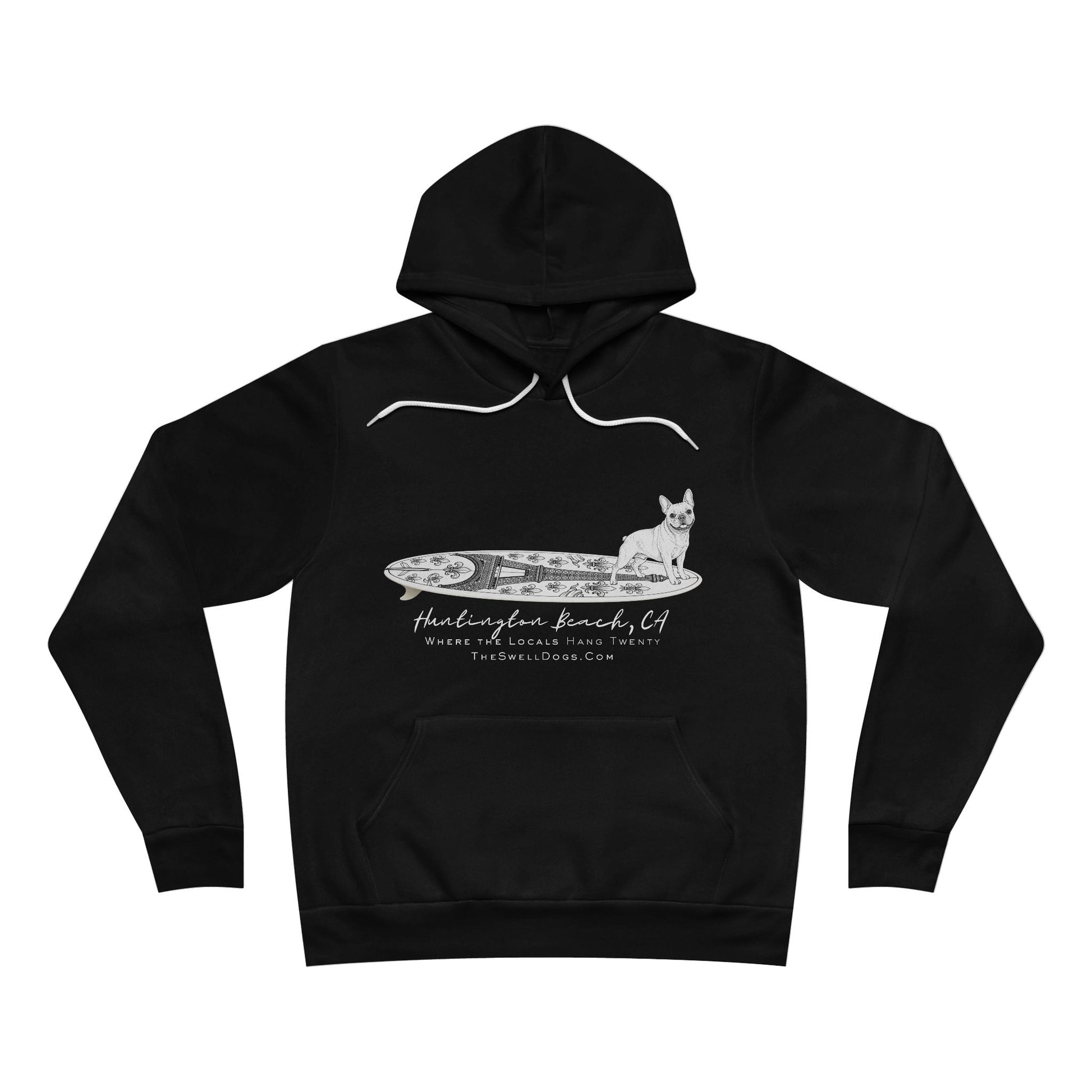 Black pullover hoodie featuring a French Bulldog standing on a French surfboard with "Huntington Beach, CA" text