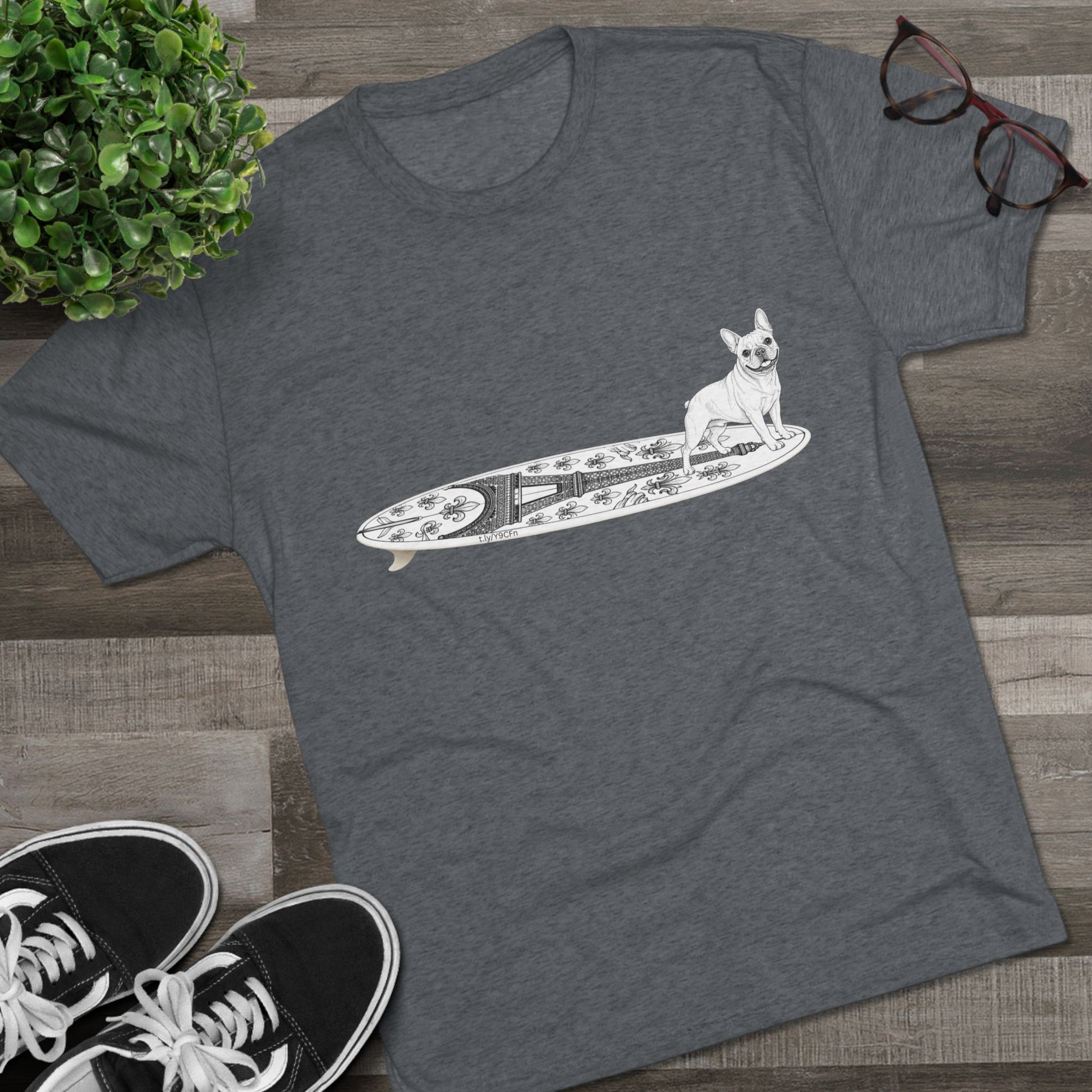 Gray French Bulldog Eiffel Tower surf tee worn at the beach — dog lover gift for French Bulldog owners