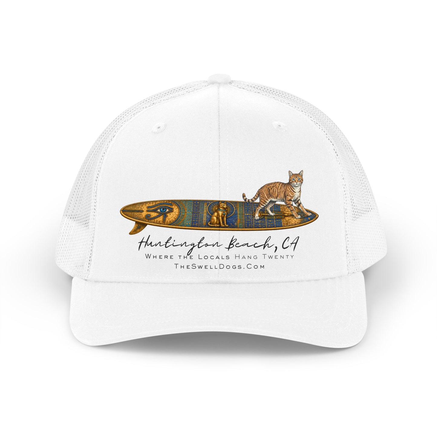 Adjustable white trucker hat featuring a tabby cat standing on an Egyptian surfboard with "Huntington Beach, CA" text