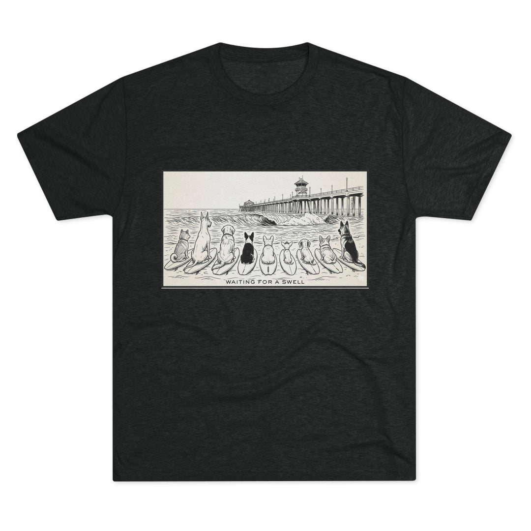 Black t-shirt showing 9 dogs with surfboards sitting in front of the HB pier watching the ocean with “Huntington Beach” text