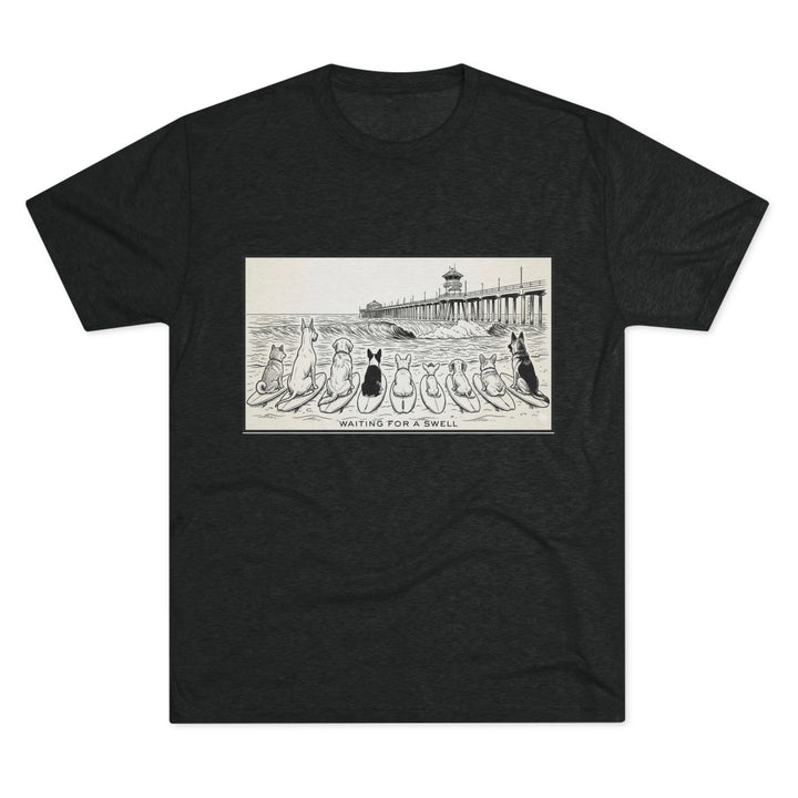 Black t-shirt showing 9 dogs with surfboards sitting in front of the HB pier watching the ocean with “Huntington Beach” text