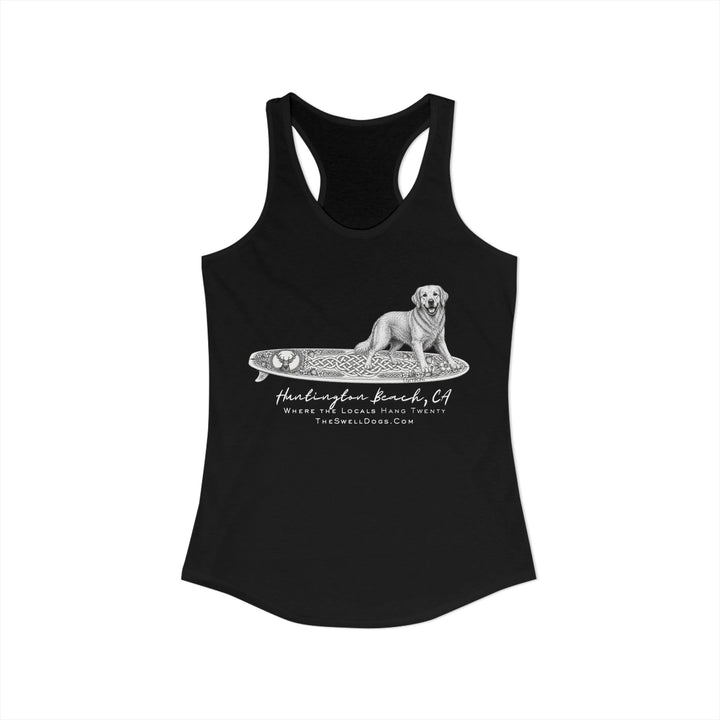 Black racerback tank top with a Golden Retriever on a Scottish surfboard with "Huntington Beach, CA" text 
