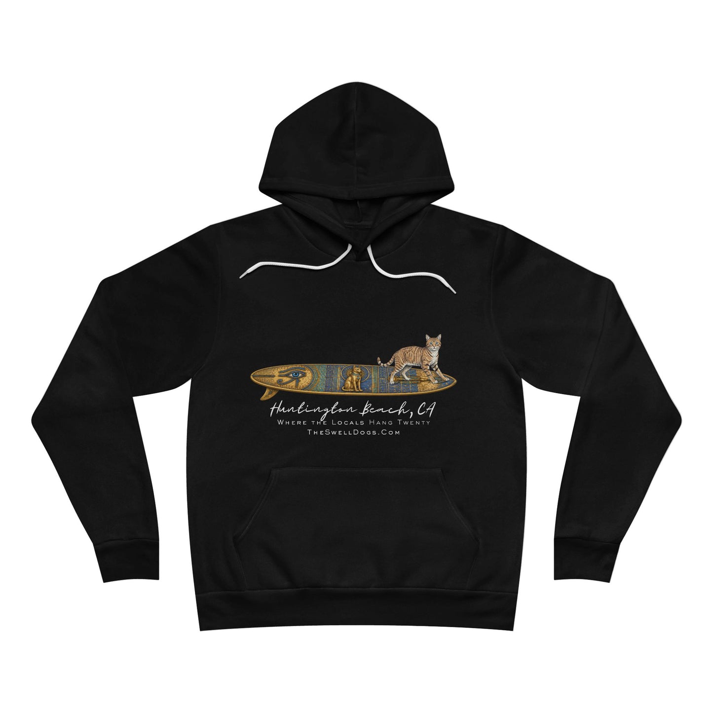 Black pullover hoodie featuring a Tabby Cat standing on a Egyptian surfboard with "Huntington Beach, CA" text
