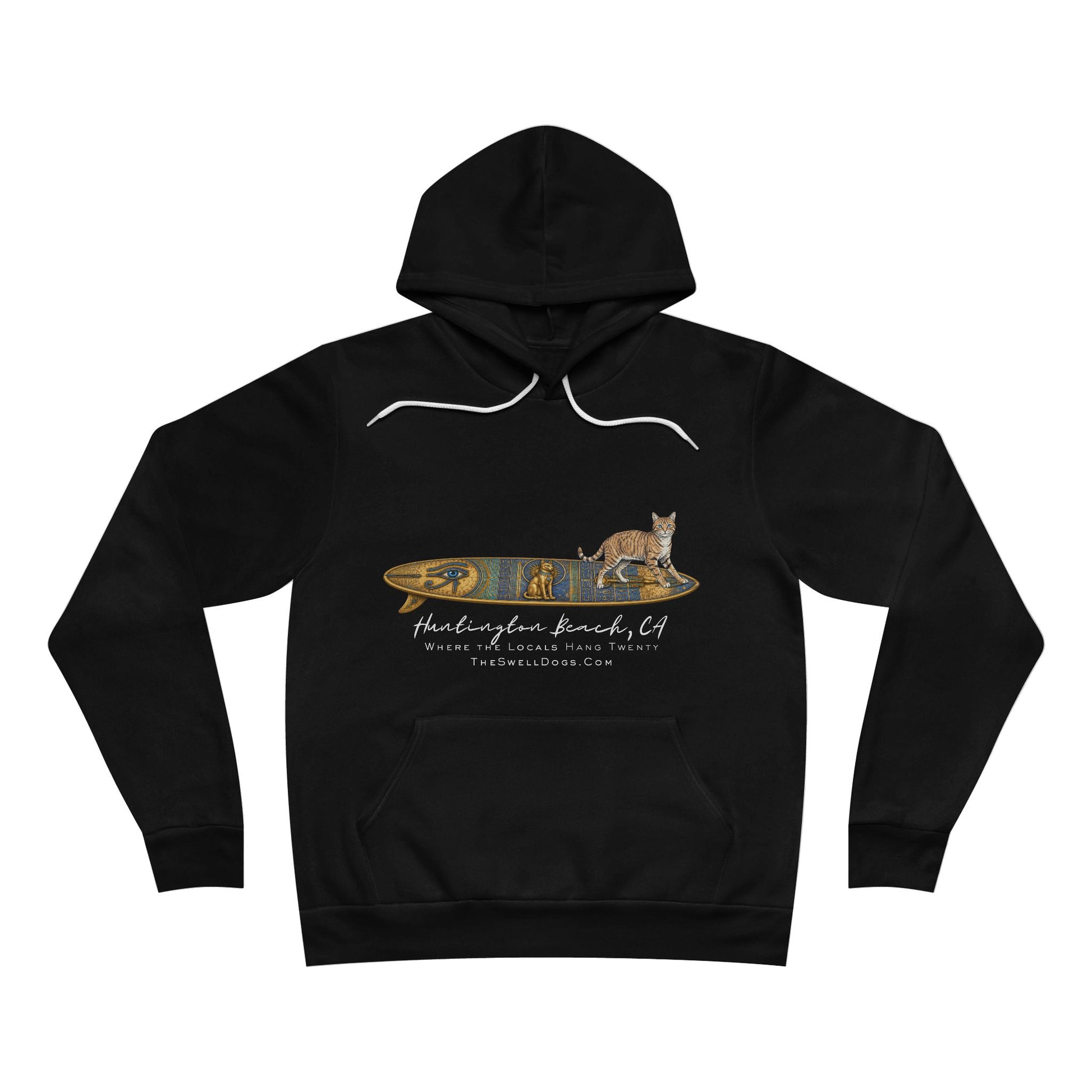 Black pullover hoodie featuring a Tabby Cat standing on a Egyptian surfboard with "Huntington Beach, CA" text