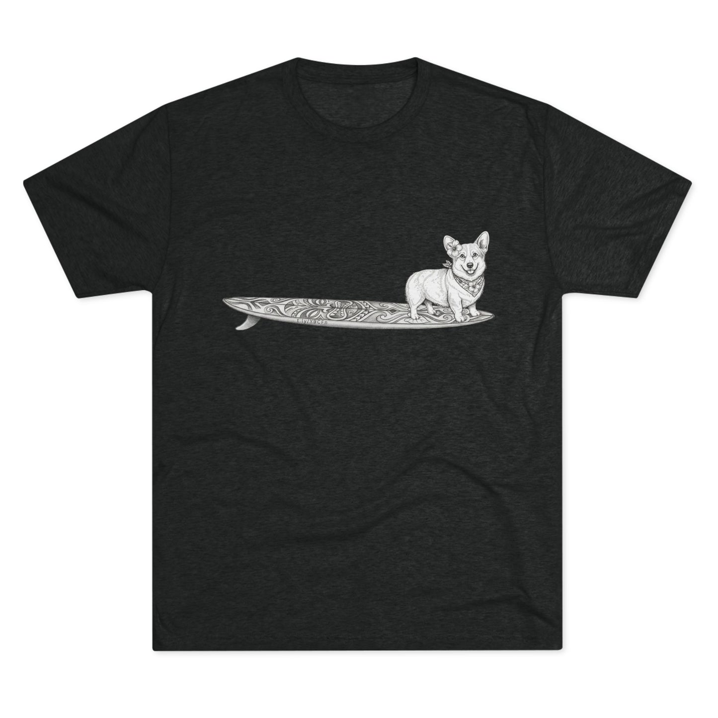 Black t-shirt with vintage Corgi wearing hibiscus bandana and hibiscus in her ear on a tiki surfboard line drawing — The Swell Dogs