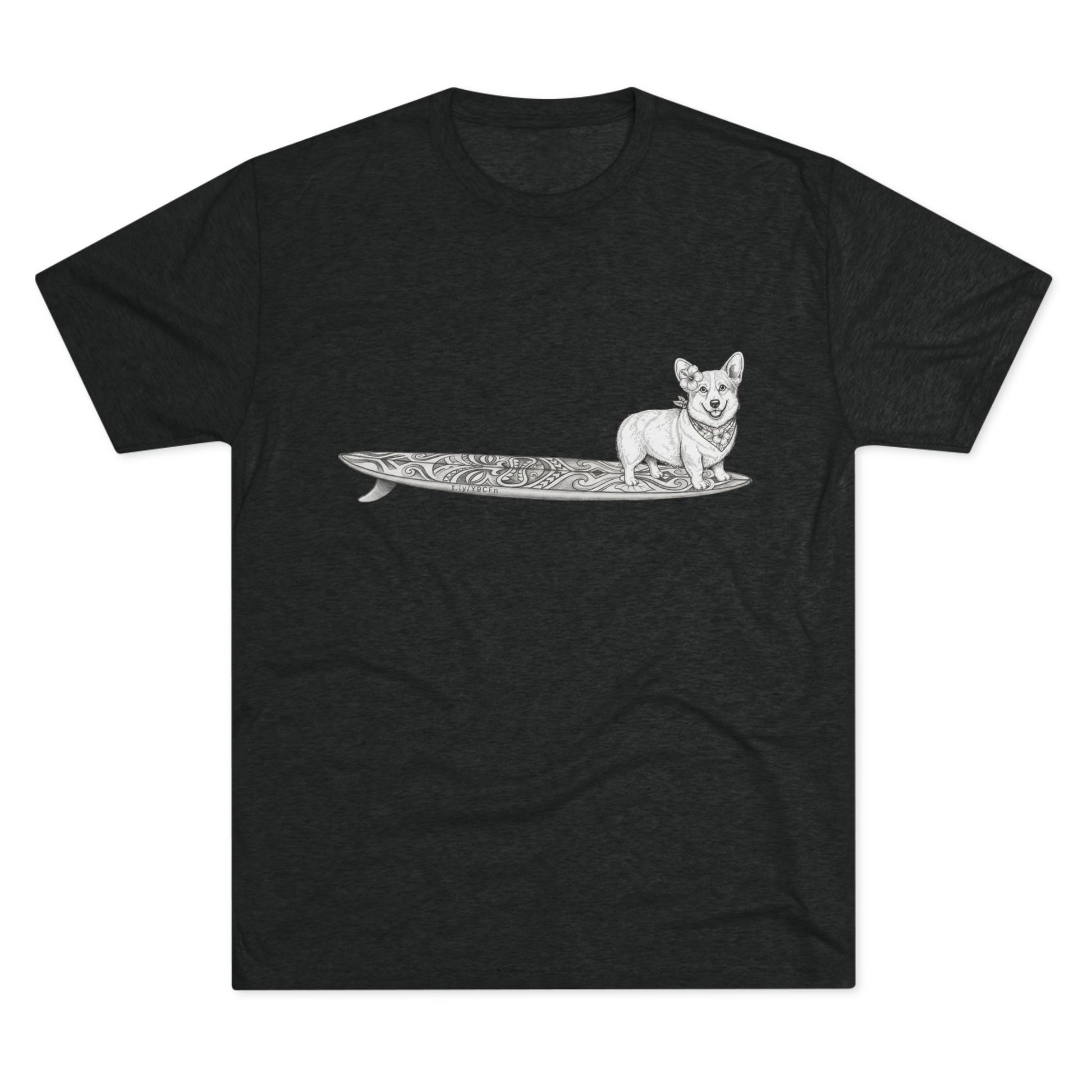 Black t-shirt with vintage Corgi wearing hibiscus bandana and hibiscus in her ear on a tiki surfboard line drawing — The Swell Dogs