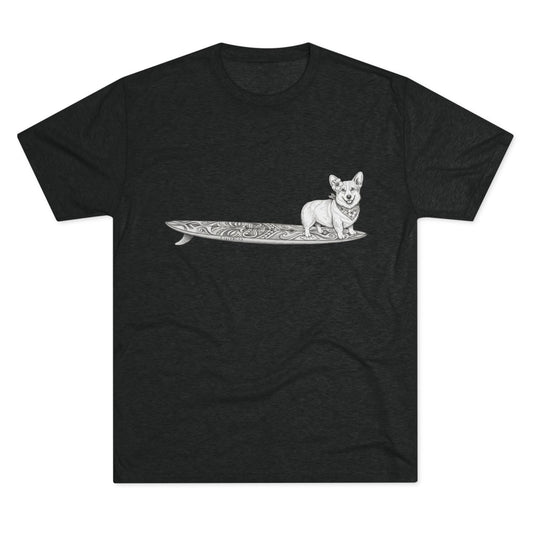 Black t-shirt with vintage Corgi wearing hibiscus bandana and hibiscus in her ear on a tiki surfboard line drawing — The Swell Dogs