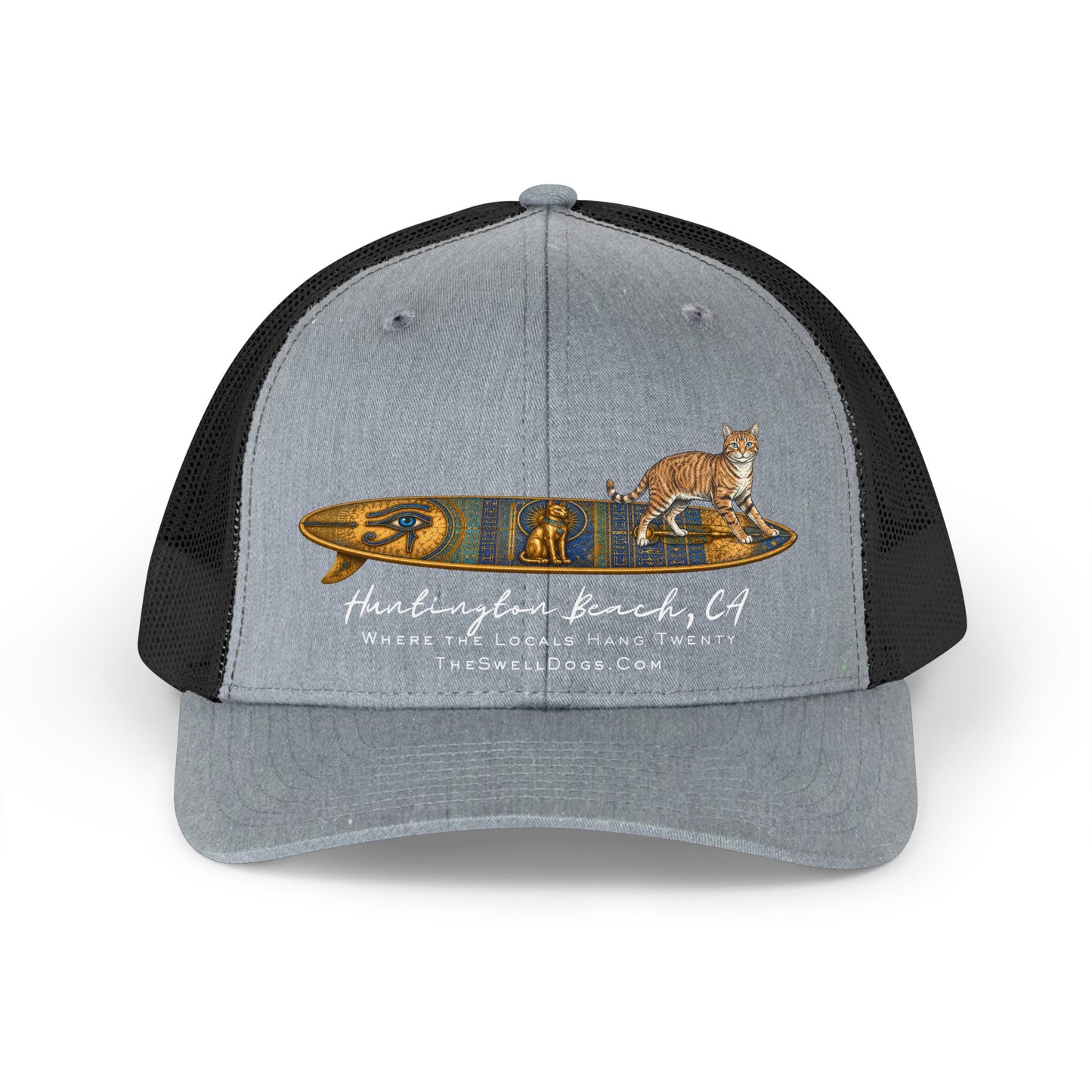 Adjustable grey and black trucker hat featuring a tabby cat standing on an Egyptian surfboard with "Huntington Beach, CA" text