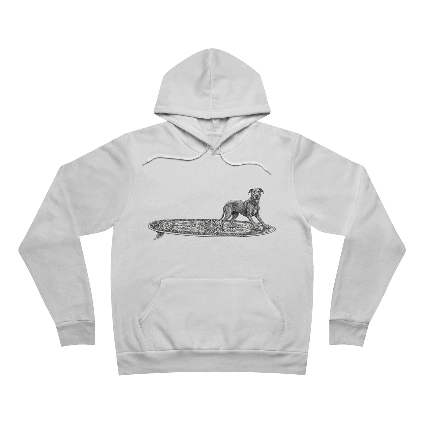 White hoodie with a graphic of a Great Dane on an Apollo Tide surfboard.