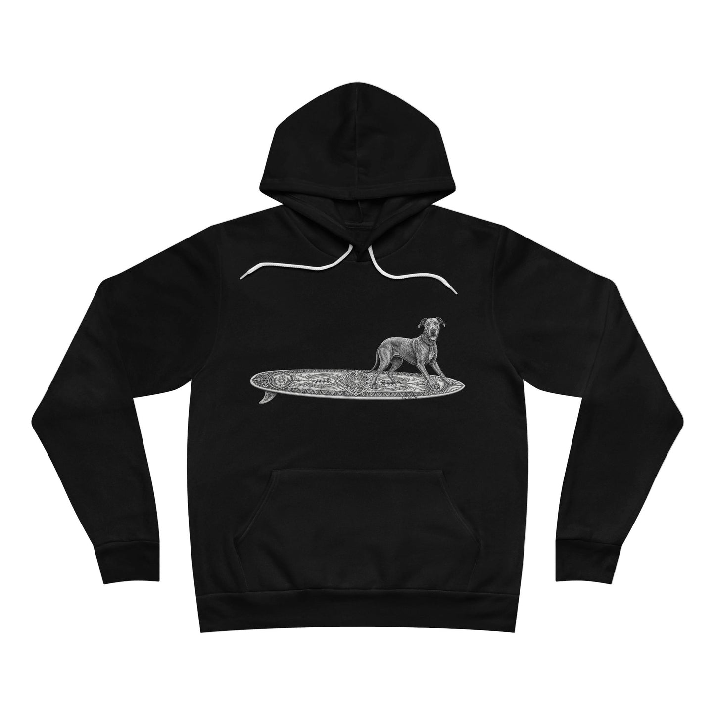 Black hoodie with a graphic of a Great Dane on an Apollo Tide surfboard.