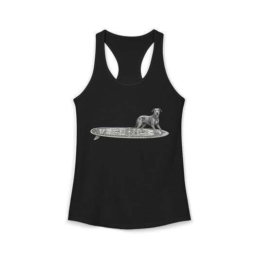 Black racerback tank top with a Great Dane on a longboard with wild boar crests and suns on it.