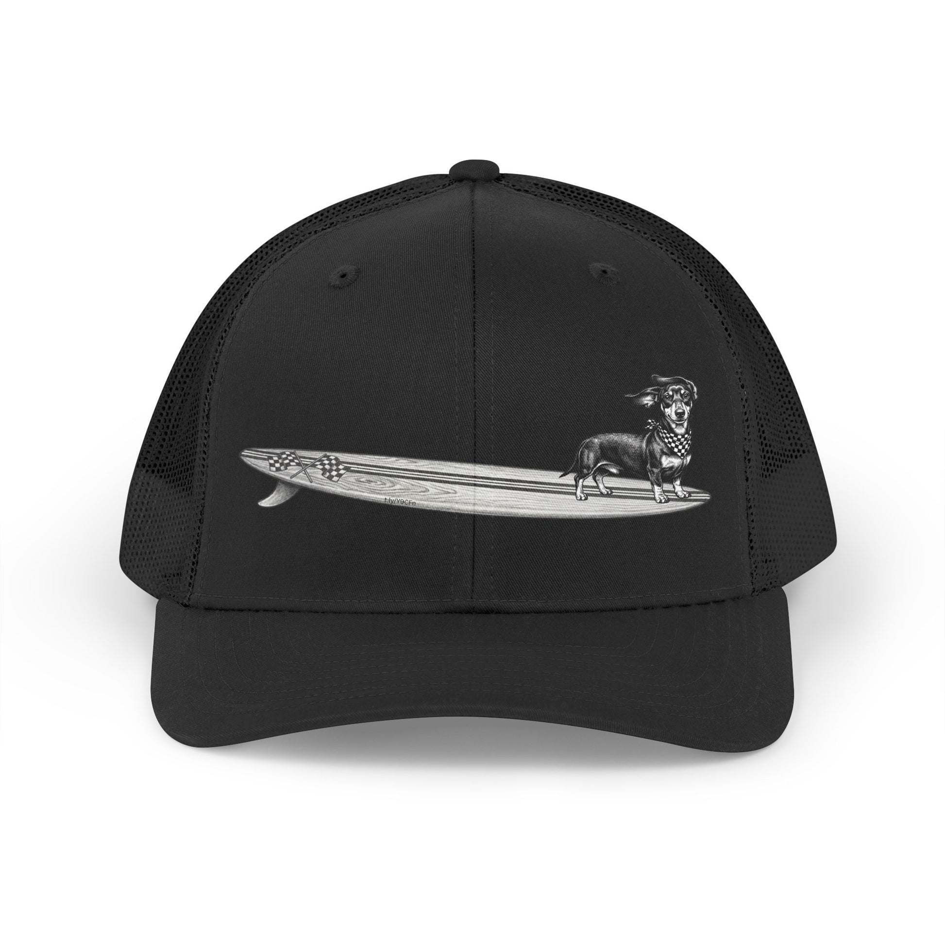 All black trucker hat with Dachshund checkered racing flag bandana and wood grain surfboard design in vintage line art — The Swell Dogs