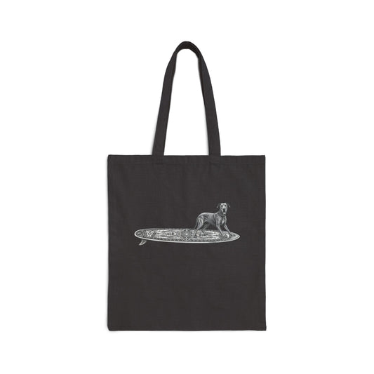 Black tote bag with a Great Dane on a celtic knoit surfboard.  