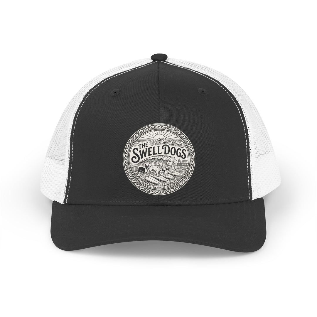 Black and white trucker hat with The Swell Dogs logo on the front.