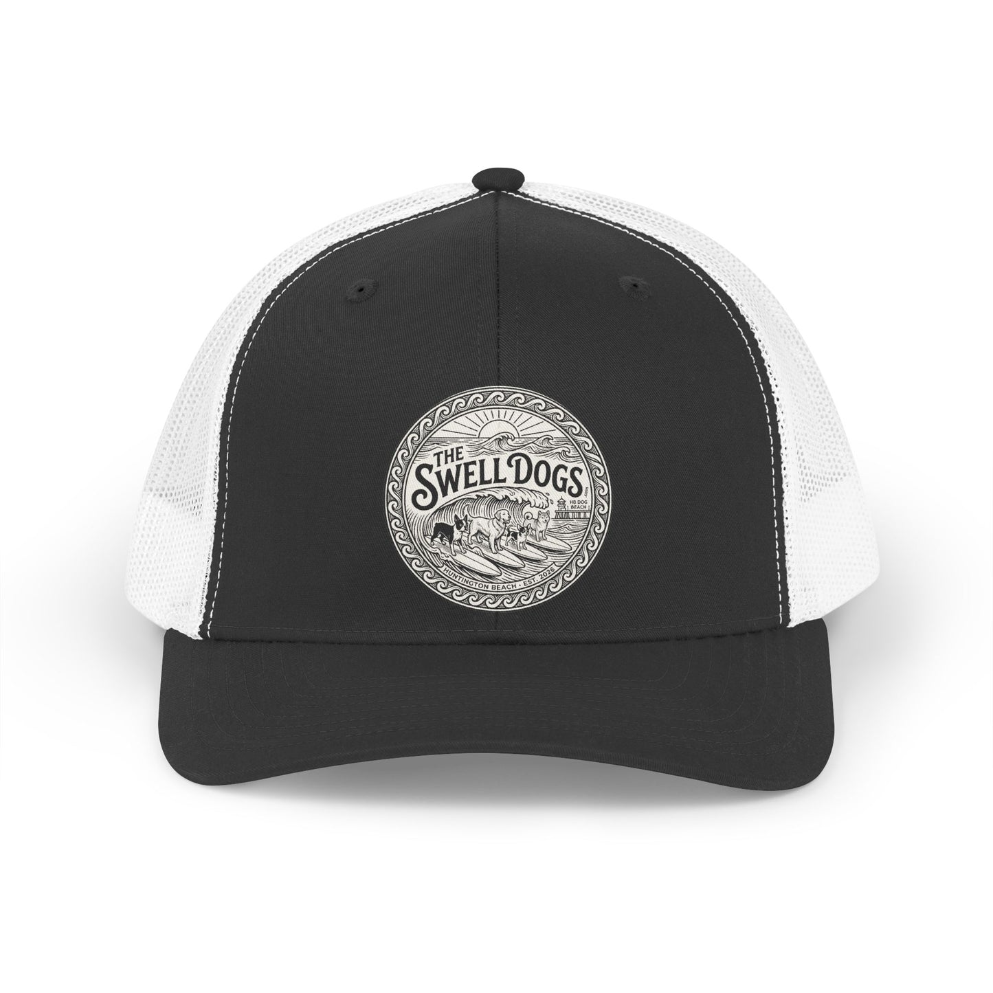 Black and white trucker hat with The Swell Dogs logo on the front.