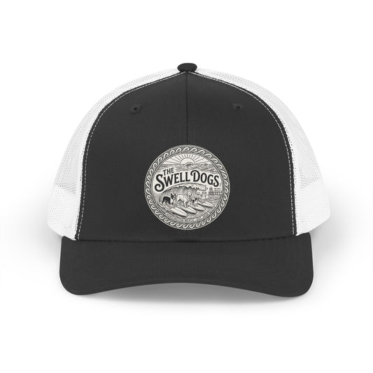 Black and white trucker hat with The Swell Dogs logo on the front.
