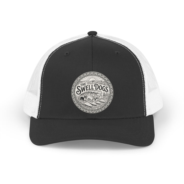 Black and white trucker hat with The Swell Dogs logo on the front.