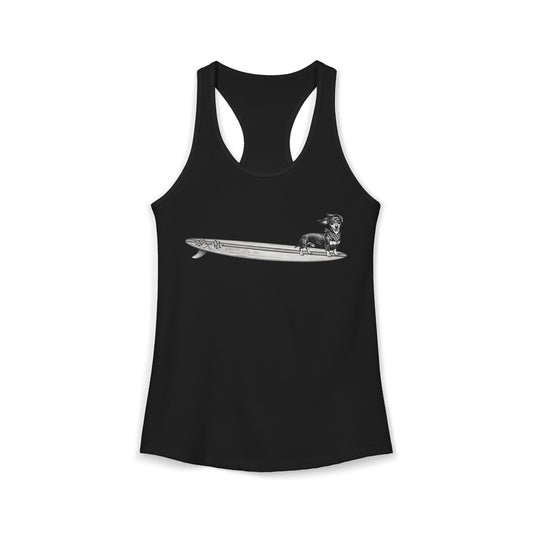 Black racerback tank top with vintage Dachshund wearing a checkered racing flag bandana on a wood grain racing flag surfboard line drawing — The Swell Dogs