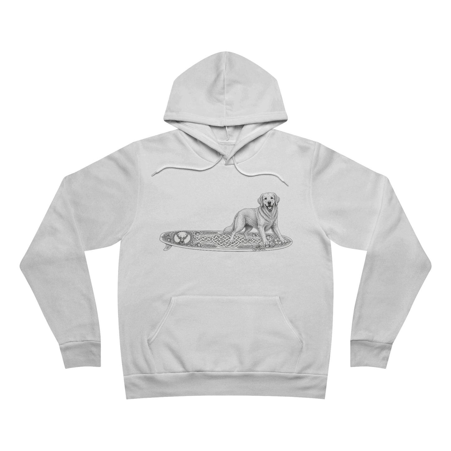 White hoodie with a graphic of a Golden Retriever on an Guisachan surfboard.