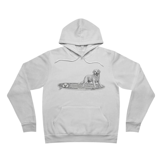 White hoodie with a graphic of a Golden Retriever on an Guisachan surfboard.