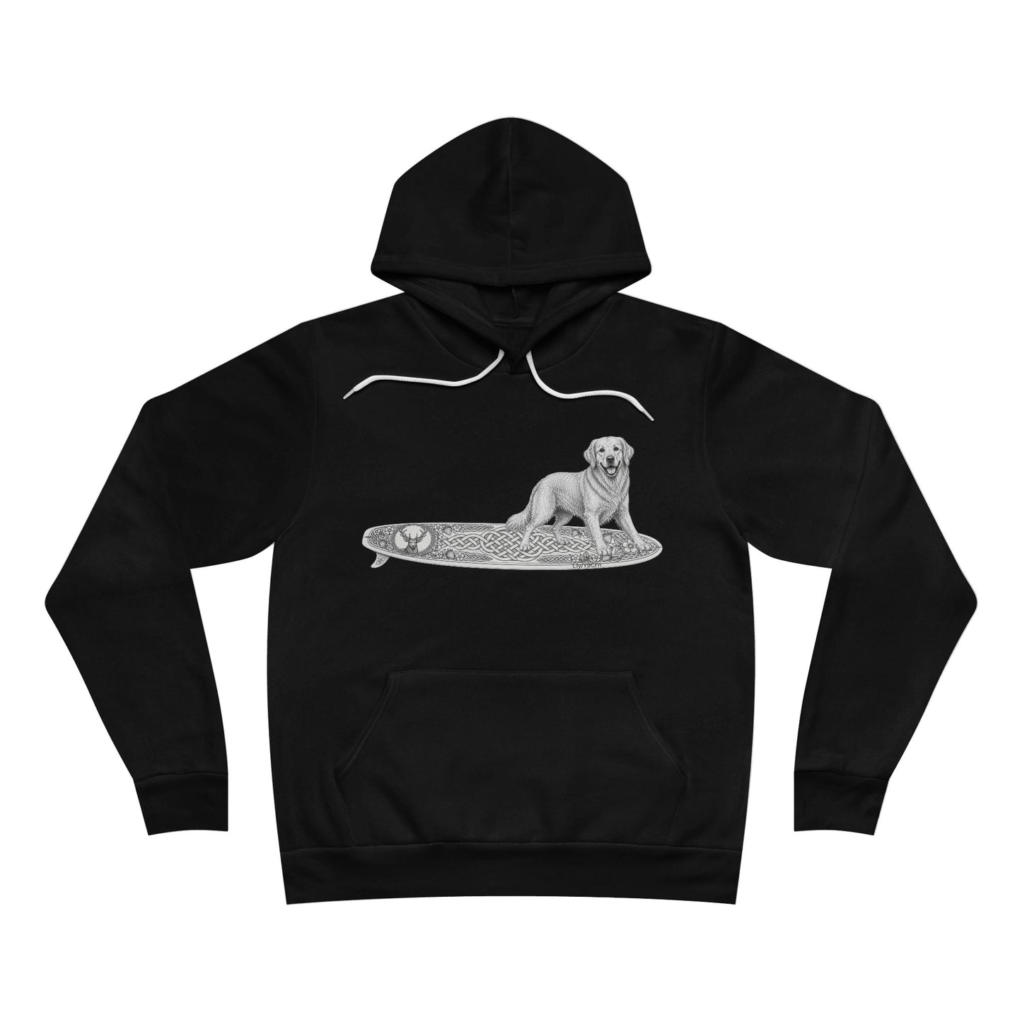 Black hoodie with a graphic of a Golden Retriever on an Guisachan surfboard.