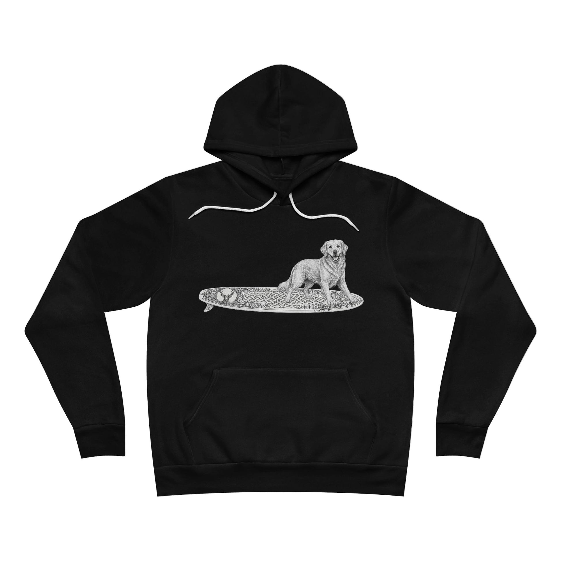 Black hoodie with a graphic of a Golden Retriever on an Guisachan surfboard.