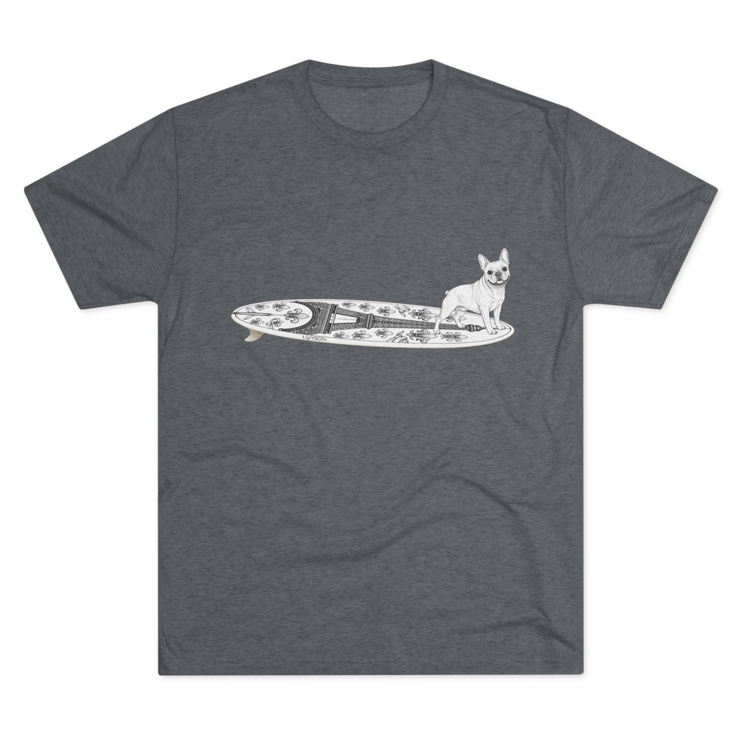 Gray French Bulldog Eiffel Tower surf tee worn at the beach — dog lover gift for French Bulldog owners
