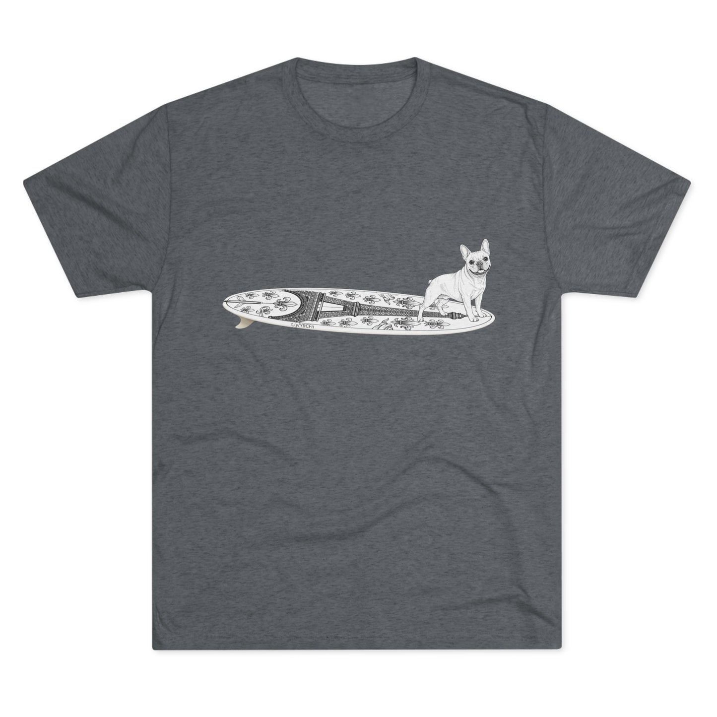 Gray French Bulldog Eiffel Tower surf tee worn at the beach — dog lover gift for French Bulldog owners