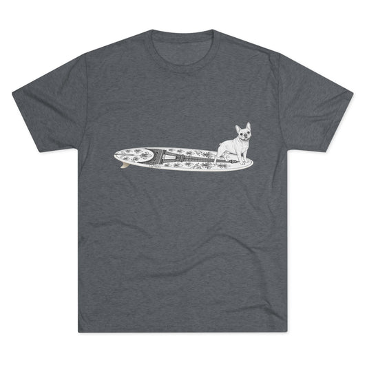 Gray French Bulldog Eiffel Tower surf tee worn at the beach — dog lover gift for French Bulldog owners