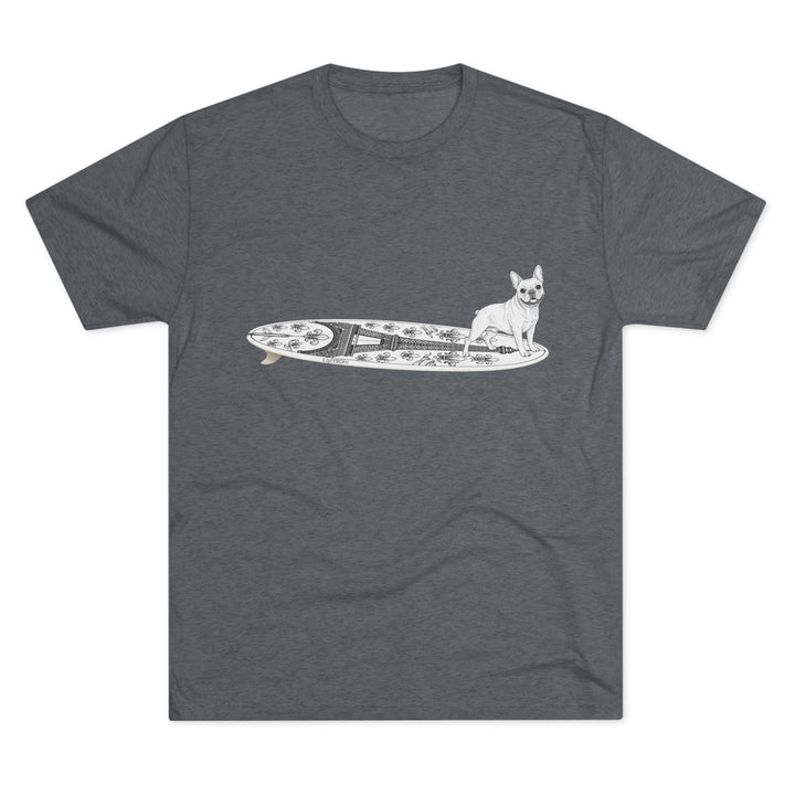 Gray French Bulldog Eiffel Tower surf tee worn at the beach — dog lover gift for French Bulldog owners