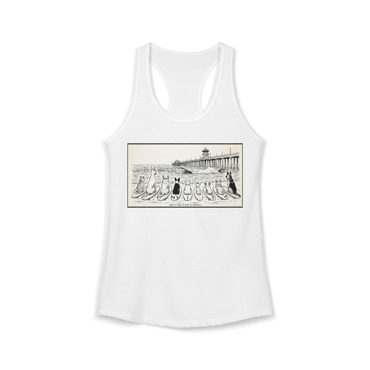 White  racerback tank with a pack of dogs on surfboards staring out to sea, with the words Waiting for a Swell' underneaath the dogs and the Huntington Beach pier in the background.