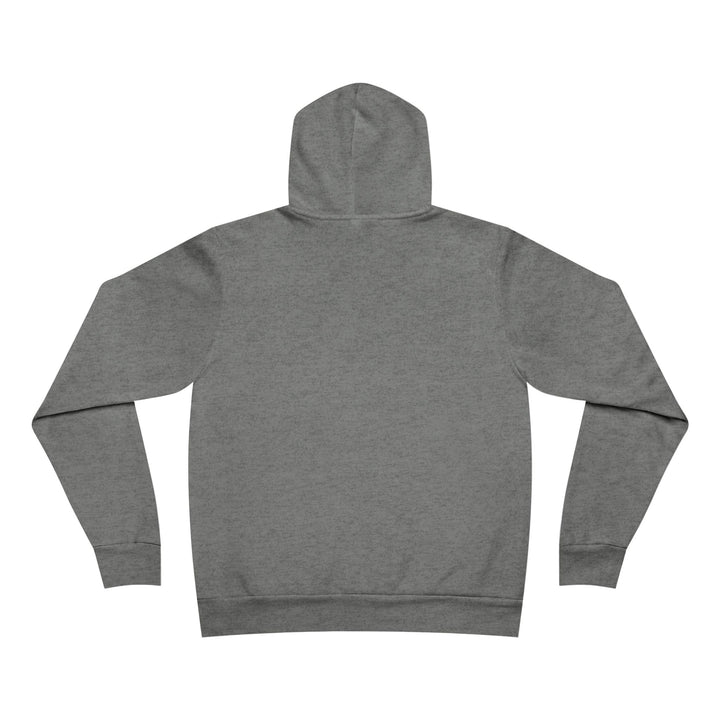 Gray hoodie back view with a graphic of a Great Dane on an Apollo Tide surfboard.