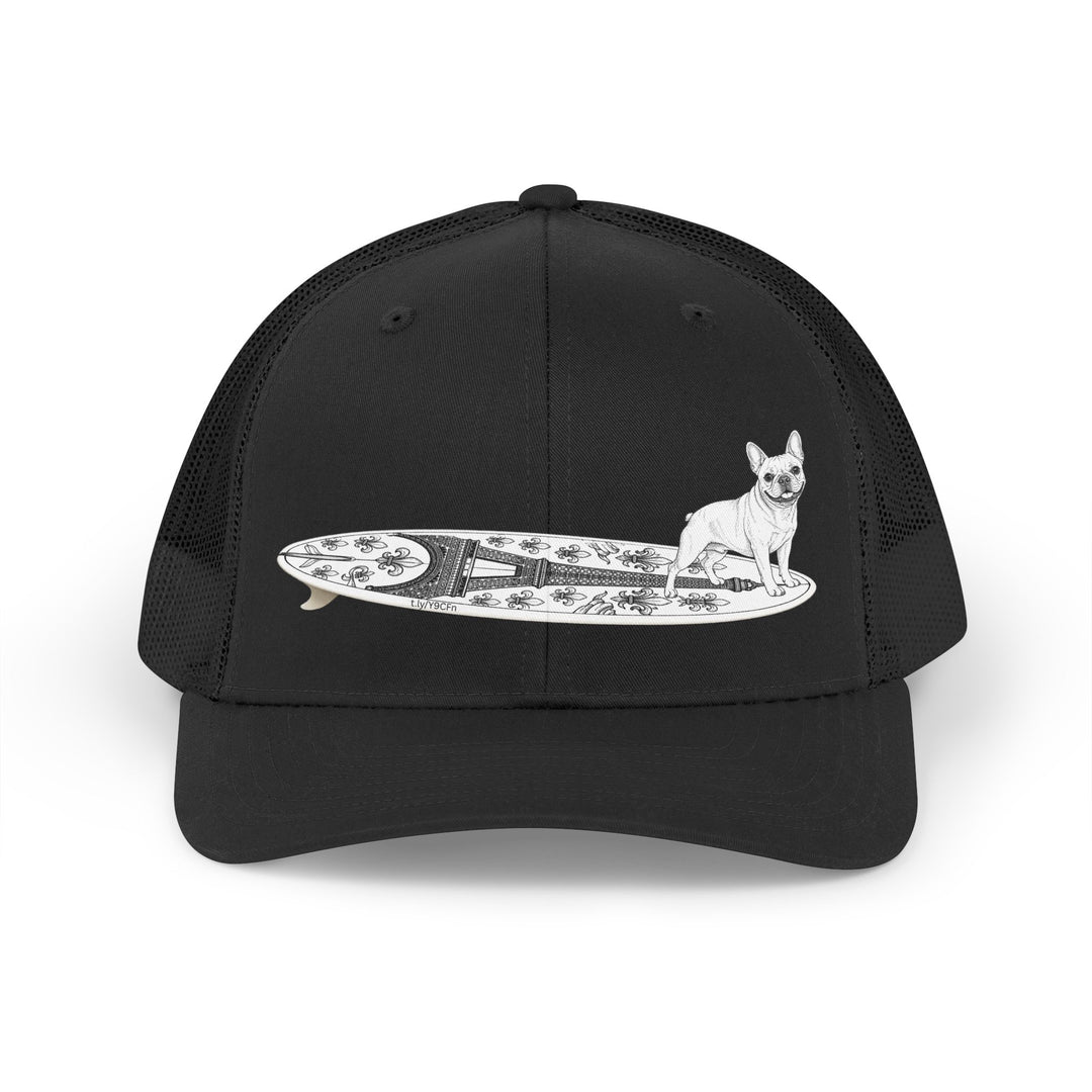 Black French Bulldog surf hat — Eiffel Tower board design — The Swell Dogs Huntington Beach