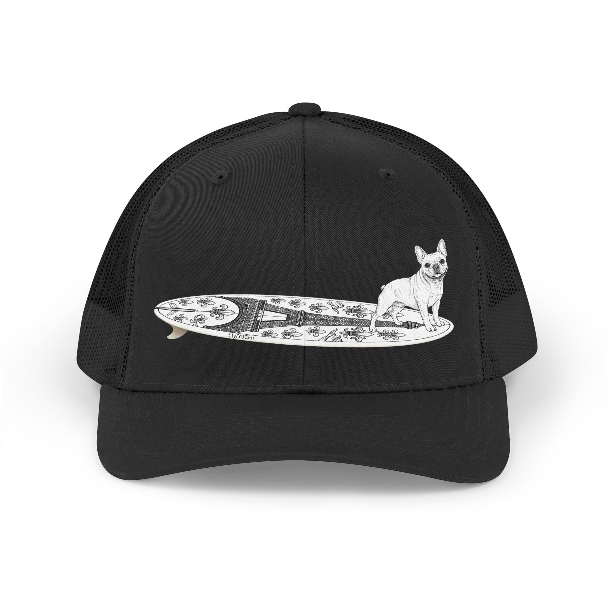 Black French Bulldog surf hat — Eiffel Tower board design — The Swell Dogs Huntington Beach