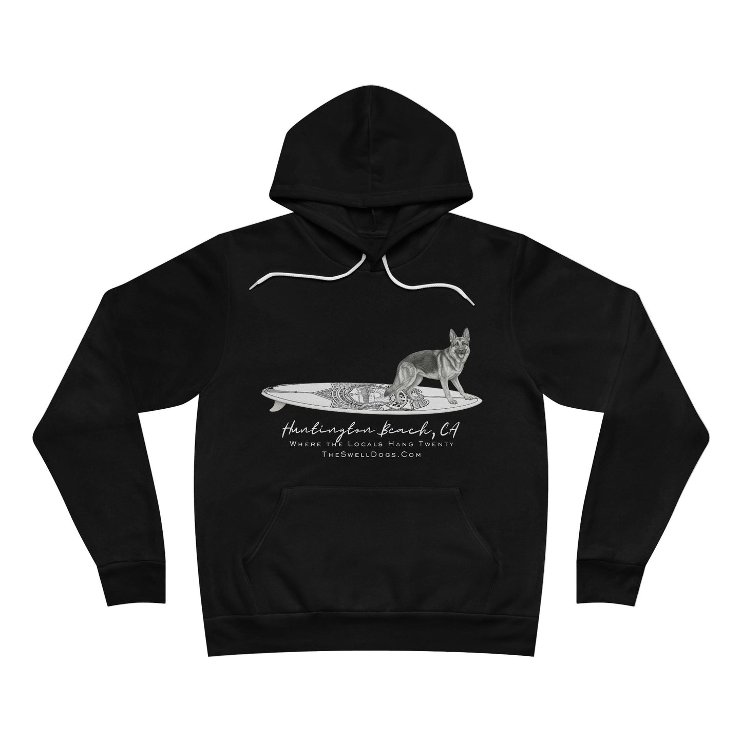 Black pullover hoodie featuring a German Shepard dog standing on a surfboard with "Huntington Beach, CA" text