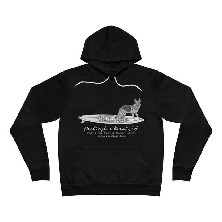 Black pullover hoodie featuring a German Shepard dog standing on a surfboard with "Huntington Beach, CA" text