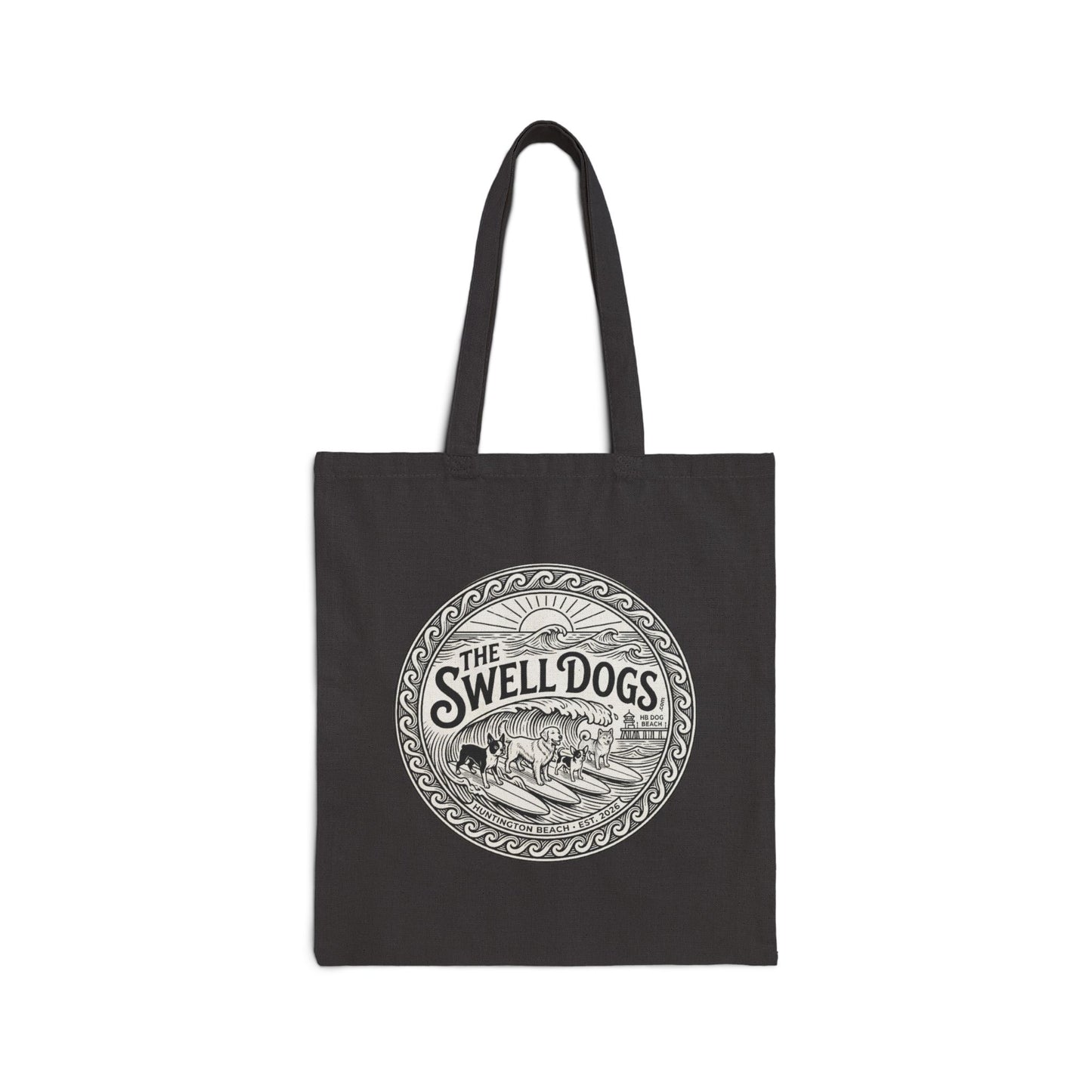 Black tote bag with a Swell Dogs logo.